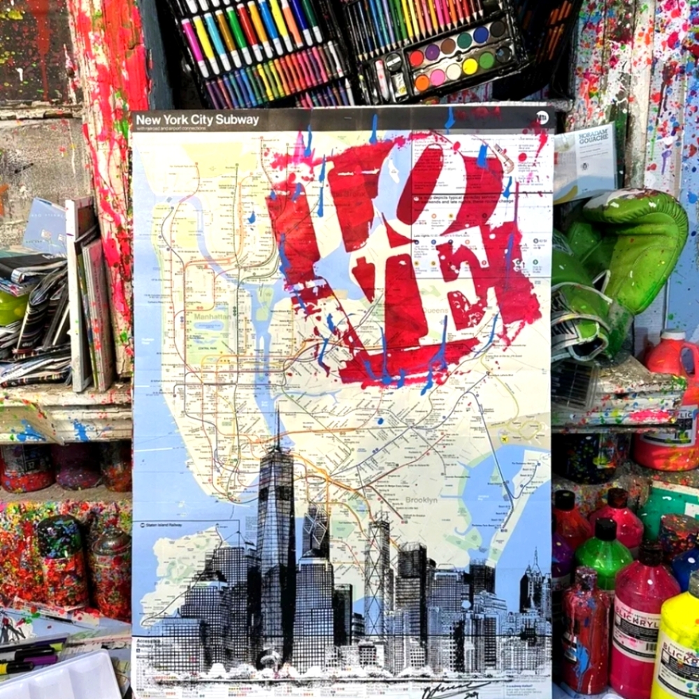 ❤ Handpainted I LOVE New York Skyline Acrylic Paint Artwork on a NYC Subway Map - Picture 3 of 11